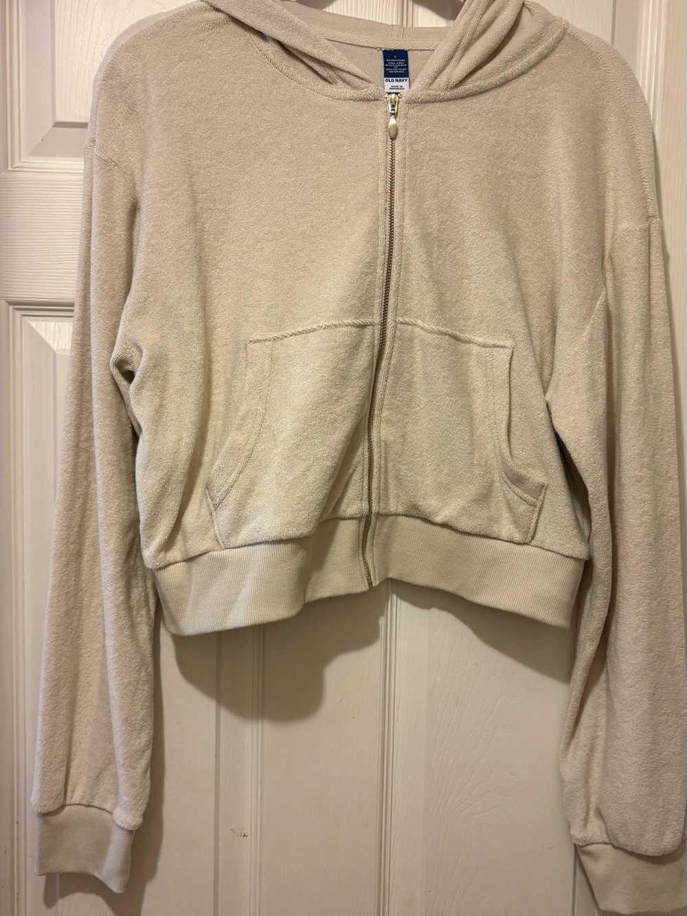 Old Navy Cropped Cream Zip-Up Hoodie Jacket terry cloth